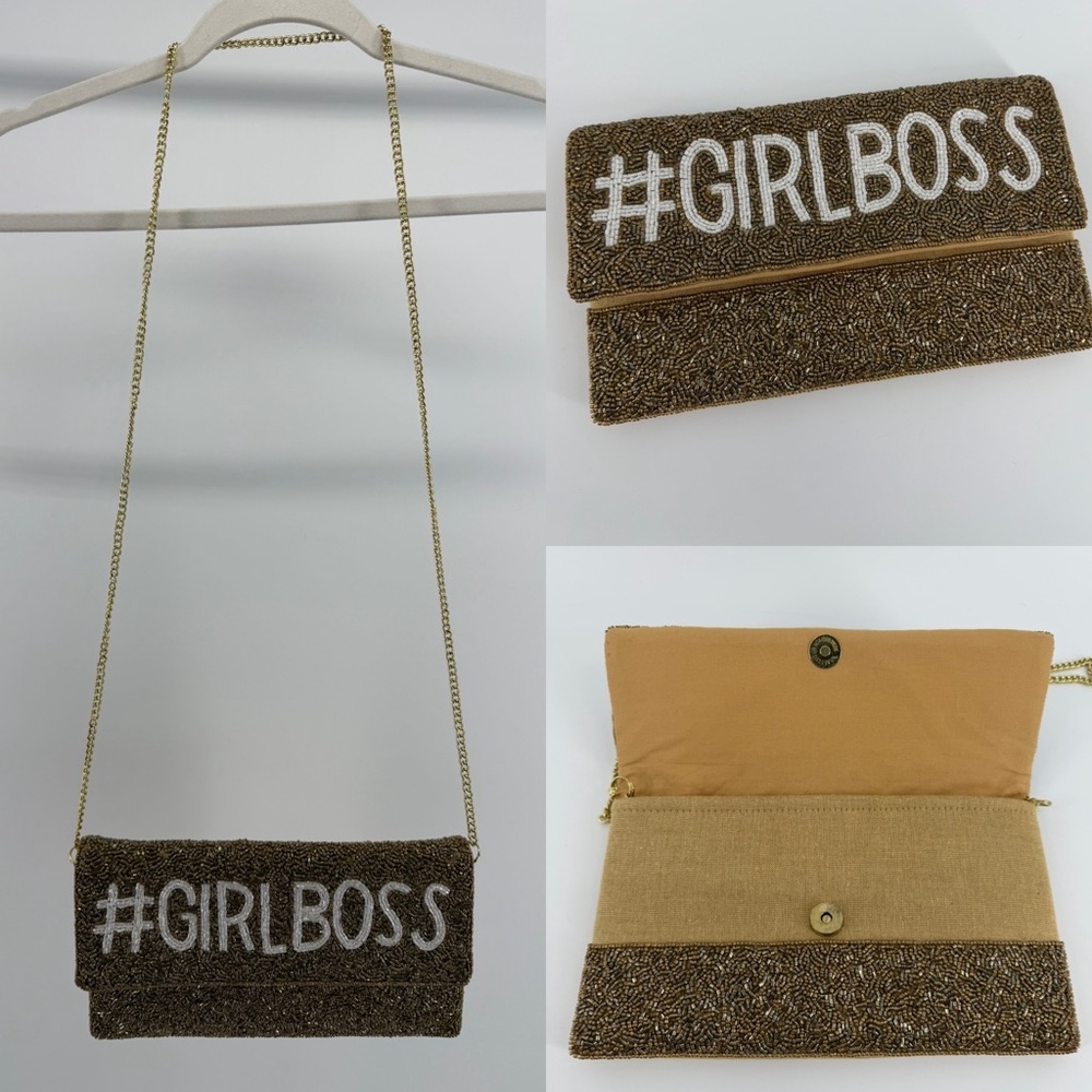Shirdee Gold Beaded #GIRLBOSS Convertible Clutch/Shoulder Bag, Made in India